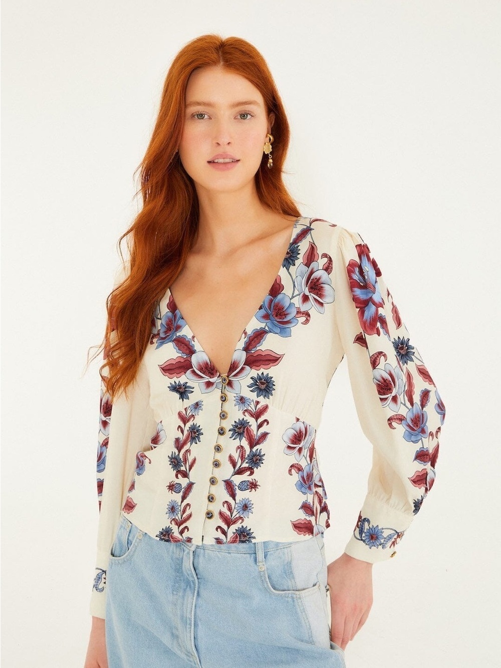 Floral V-Neck Button-Front Blouse - Cream with Blue & Red Bloom